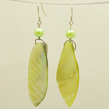 

Green Color Large Size Shell Earrings 8mm Round Shell With 10x50mm leaf shell 925 silver dangle earring Mother's day gift