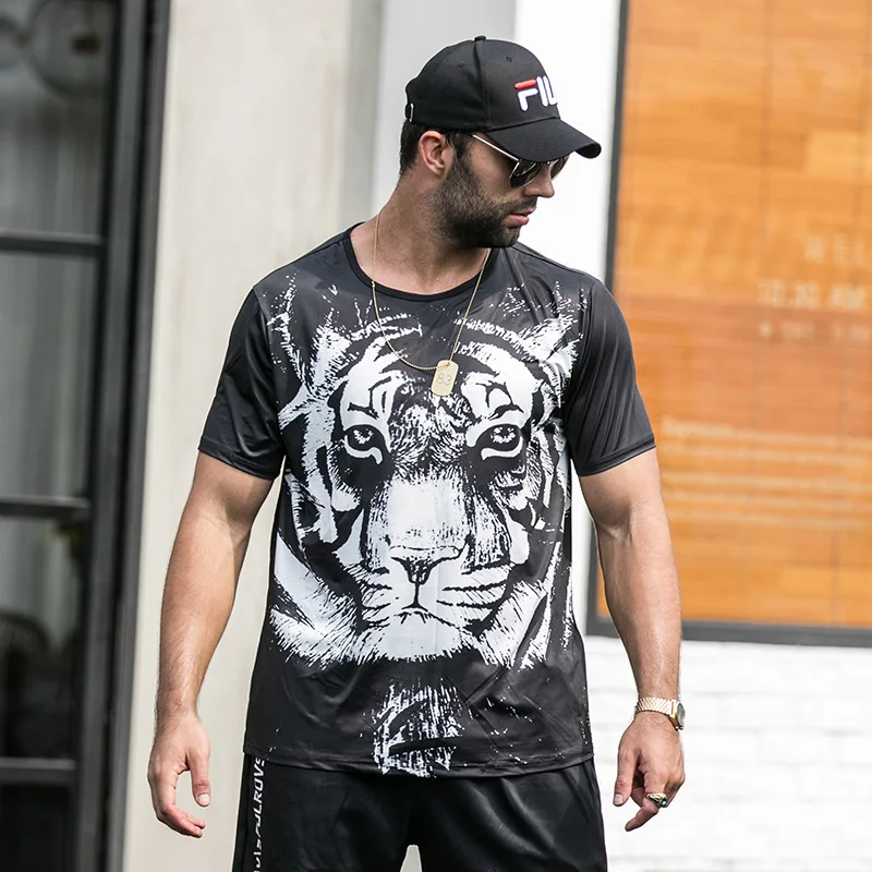

Fat large size men's short-sleeved ice silk thin t-shirt plus fat increase white tiger print half-sleeved loose shirt