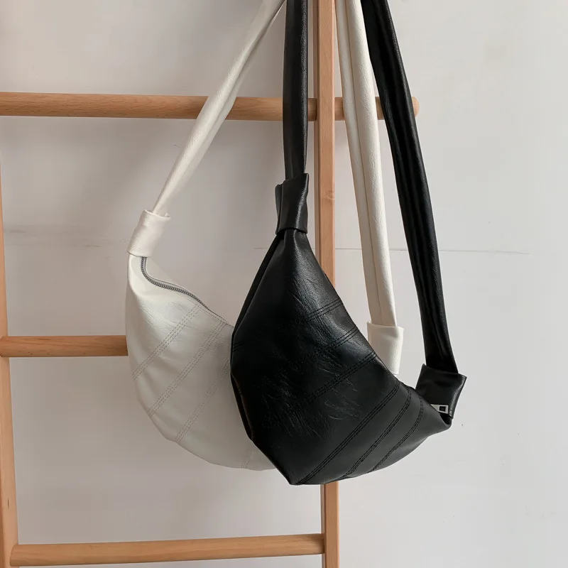 

New Arrival PU Leather Bag Women's INS Simple Solid Color Online Celebrity Celebrity Style Dumpling Bag Cool Zipper Wide-Strap S