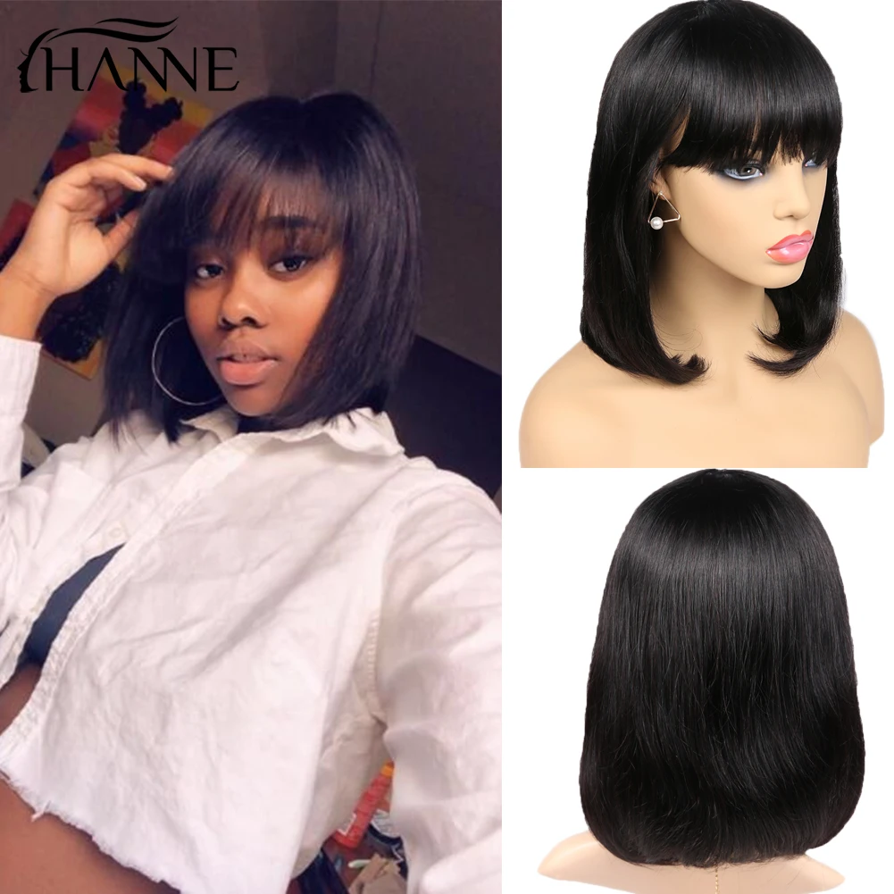 Perruque Bob naturelle brésilienne courte, coupe Pixie, sans colle, avec frange, pour femmes africaines