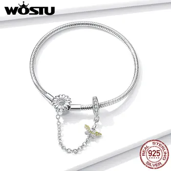 

925 Sterling Silver Busy Bee & Sunflower Safety Chain Bracelet WOSTU Silver Bracelet for Women Party Gift Jewelry FNB041