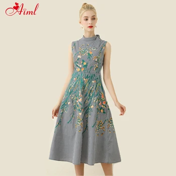 

Designer 2020 Female Summer Grid Green Embroidery Floral Print Stand collar sleeveless Party Holiday Dress Lady Robe Dresses New