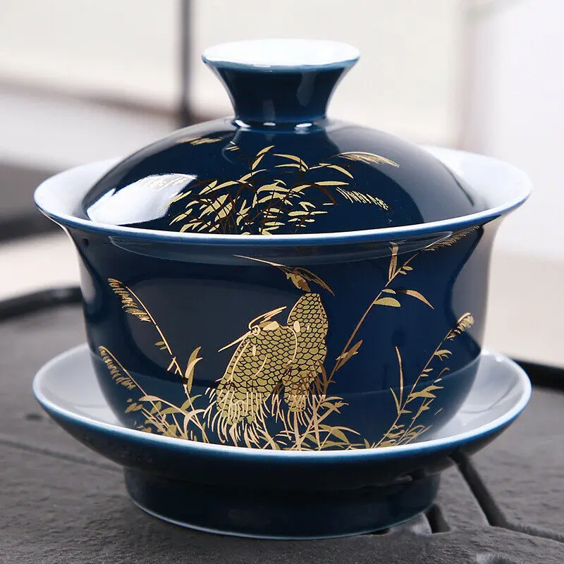 Блестящая голубая керамическая дегустационная чайная чашка Sancai Gaiwan чайная тарелка, китайская чайная чаша, чайная кофейная чашка и блюдце, набор, чашка для питья с крышкой - Цвет: A