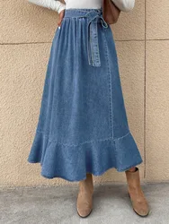 Sruby ruffle hem com cinto saia jeans verão casual retro azul jean saias cintura alta solta hem feminino denim saias retalhos