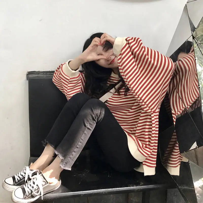 

Fashion Sweatshirt Women Autumn Loose Oversized Striped Long Sleeve Hoodies Casual Women Top Brief Pullovers Female Sweatshirts