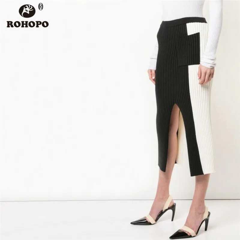 ROHOPO Patchaork High Waist Contrast color Knitted Midi Skirt White Black Splice Split Hem Elastic Pencil Ribbed Falda #1883 | Женская