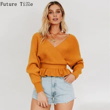 Будущее время Твердые оборки сексуальный крест V образным вырезом спинки на шнуровке женские свитера с длинным рукавом вязаный свитер осень зима Топ GX286