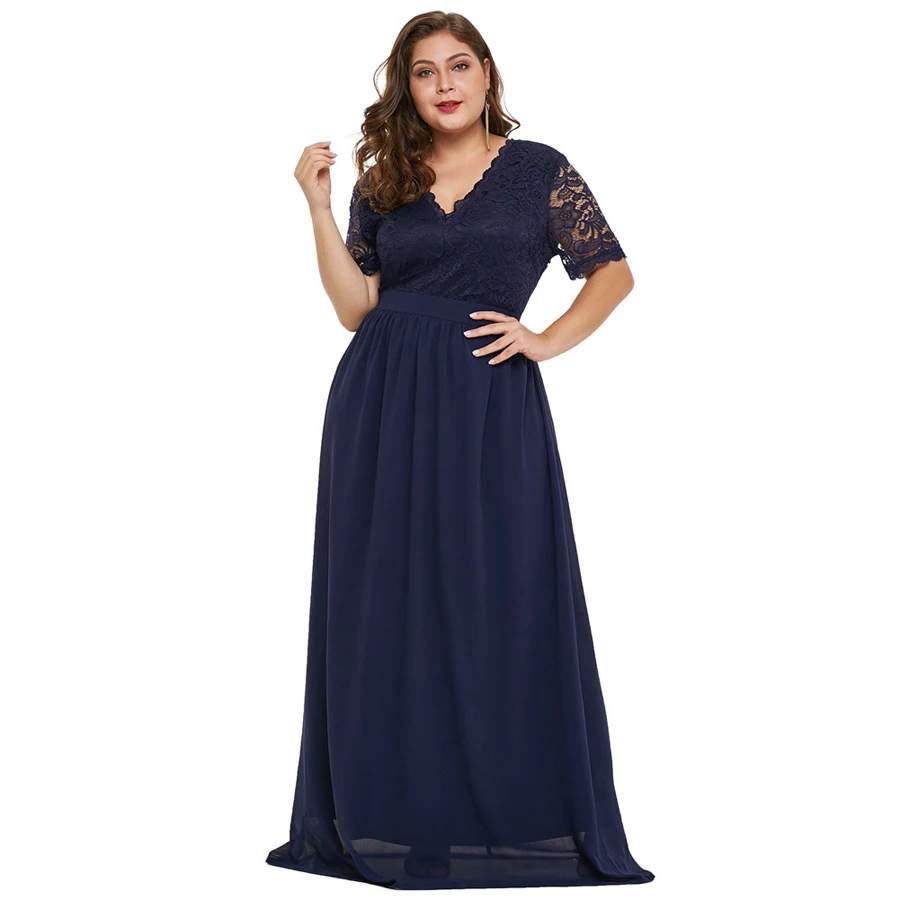 Вечернее платье с коротким рукавом и v-образным вырезом, длина до пола, женские вечерние платья, элегантное платье размера плюс, вечернее платье T011 - Цвет: Тёмно-синий