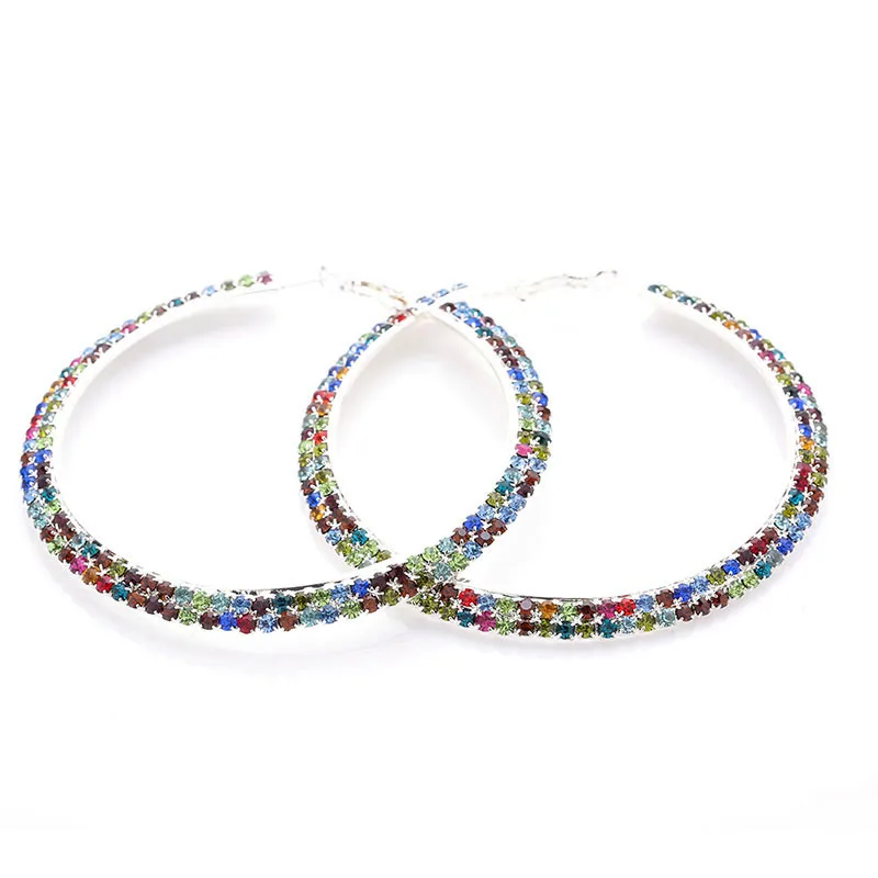 color crystal silver Разноцветные Кристальные серьги для женщин, посеребренные большие круглые серьги, элегантные 2 со стразами в ряд, большие серьги-кольца - Окраска металла: color crystal silver
