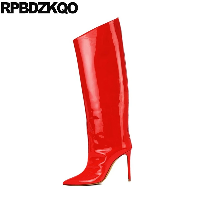 stiletto stripper red 13 45 exotic dancer wide calf 12 44 fetish women knee high heel shoes big size side zip boots pointed toe