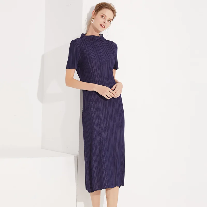 LANMREM Новая летняя и осенняя модная женская одежда плиссированный воротник стойка Половина рукава эластичный пуловер платье WJ18903