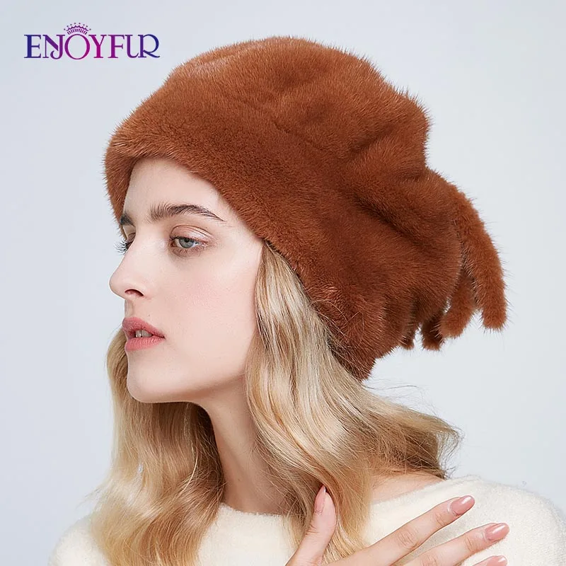 ENJOYFUR новые модные норковые меховые шапки для женщин цельные норковые меховые теплые шапки с милым меховым хвостом