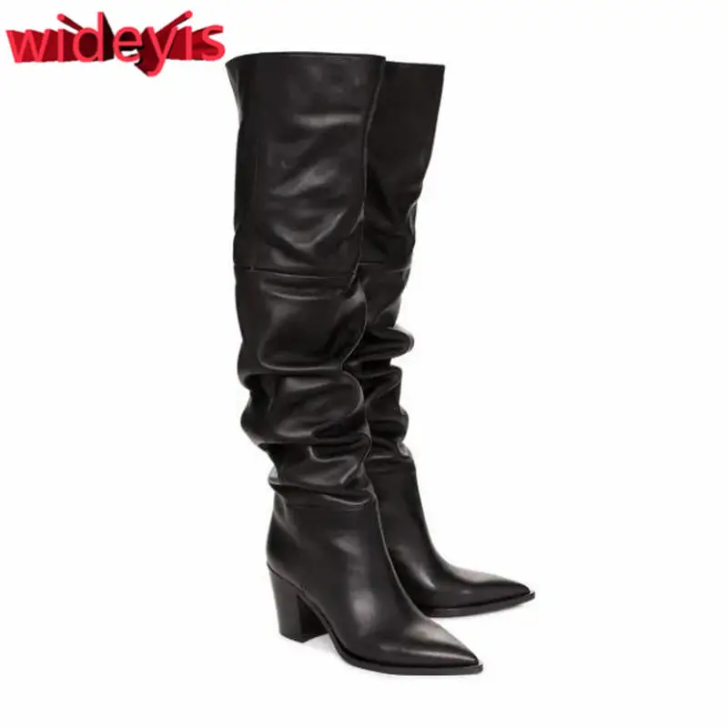 Genuine Leather boots women First layer leather over the knee high boots round head rubber bottom motorcycle boots women winter