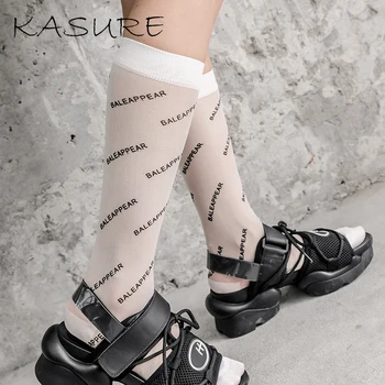 

KASURE Women White Black Transparent Inscription Nylon Socks With Patterned Tattoos Knee High Designer Street Style Socks