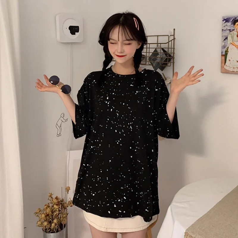 

Summer Women Cotton Short Sleeve Splash-Ink Print T-Shirt Breathable Loose Female Top