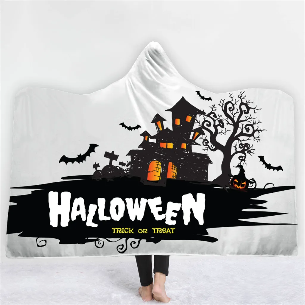 Хэллоуин с цифровым принтом с капюшоном одеяло утепленный плащ толстый двухслойный флис с капюшоном Одеяло зима теплый путешествия самолет диван