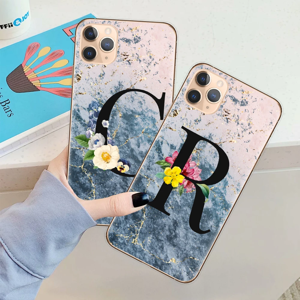

Custom name Letter Flowers marble Design Case for iPhone 11 Pro MAX 6 6S 7 7Plus 8Plus MAX XR XS X soft phone Cover Coque Capa