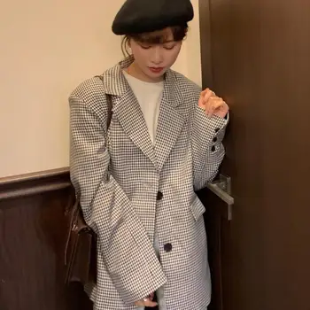 

Wild Retro Korean Temperament Sister Loose Suit Collar Black and White Grid Long Coat Womens Blazers Womens Tops and Blouses