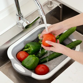 

1 PC 3 in 1Foldable Chopping Block Cutting Board Washing Colander Drain Basket Vegetable Meat Tool Kitchen Organizer Split Plate