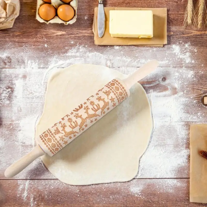 

Christmas Rolling Pins Rock Snowflake Elk Wooden Rolling Embossing Baking Cookies Biscuit Fondant Cake Patterned Roller