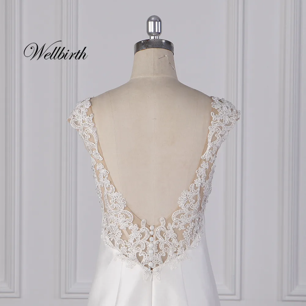 Реальное изображение Wellbirth Vestido de novia, вырез лодочкой, свадебное платье русалки на шнуровке сзади, свадебное платье js012