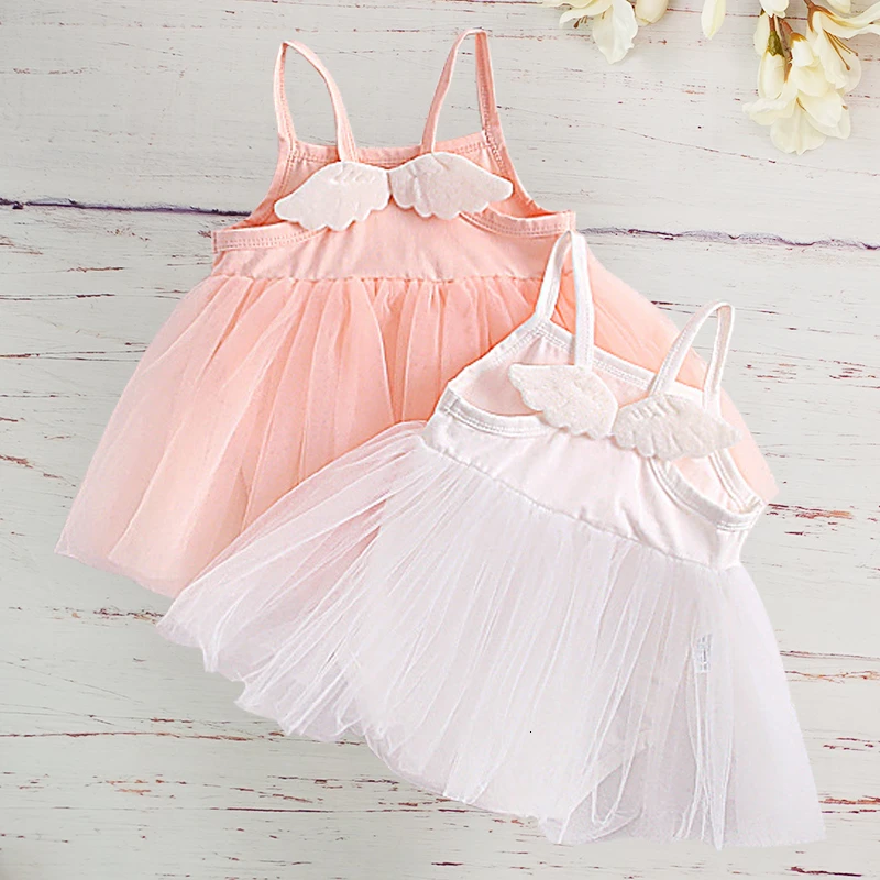 

Summer Tutu Dress For Newborn Baby Girls Toddler Princess Birthday Outfit Angel Wings Sling Mesh Yarn Romper Dress Pink White