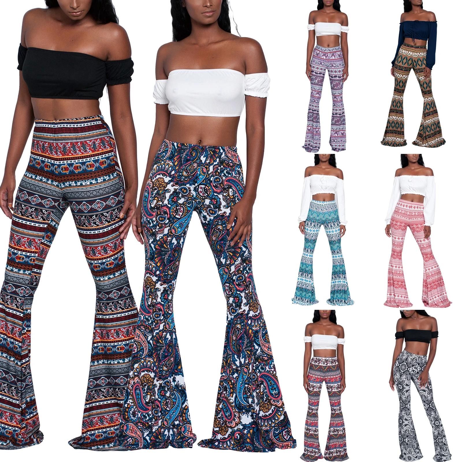 Summer New Women High-Waist Stretch-Print Trousers Wide-Leg Loose-Fitting Trousers Sexy Flared Pants Bottom Casual Leggings