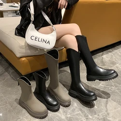 Autumn and Winter  Women's Knight Boots Thick-soled Round Toe Women's Soft PU Leather Motorcycle Boots Slim Women's Casual Shoes