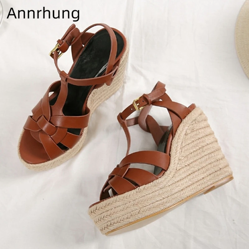 

2020 Summer Braid T-strap High Platform Sandals Women Straw Woven Wedges OPen Toe Genuine Leather Party Shoes Woman