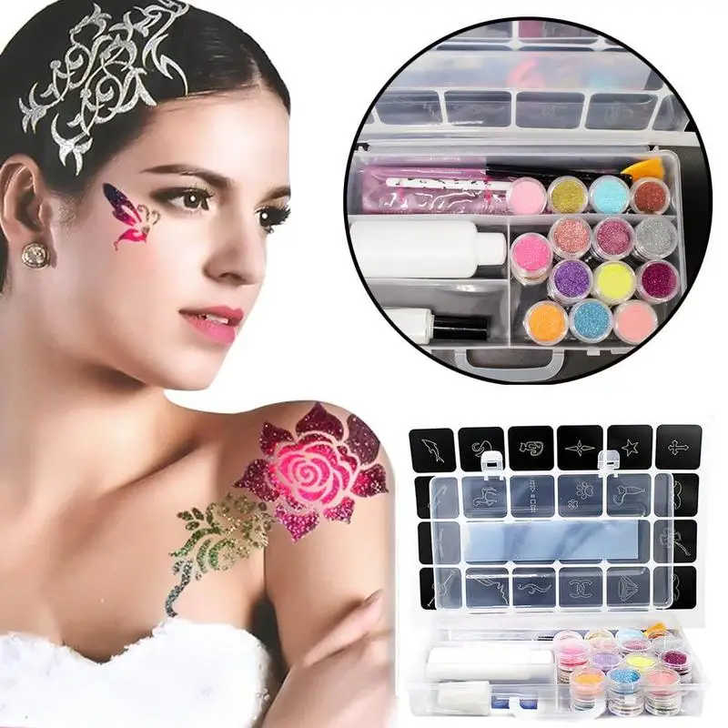 

24 color bright powder temporary flash diamond flash tattoo kit for body art design paint with water diamond glue + brush tattoo