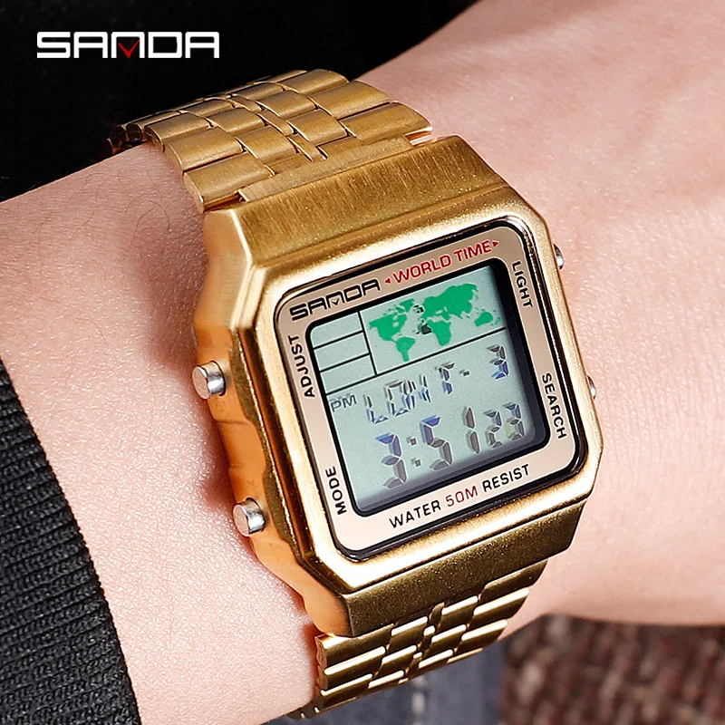 

Luxury Steel Belt Digital Watch Men 50m Waterproof World Map Universal Time Sport Watch Fashion Digital Watch for Women Wrist