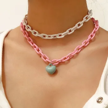 

Europe and America Cross Border Ornament Punk Cool Geometry shi zi lian Necklace Simple Candy-Colored cu lian Heart Shape Neckla