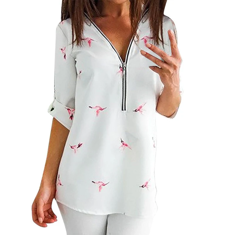 WENYUJH Осенние Топы для женщин Повседневная рубашка с v-образным вырезом Женская блузка на молнии спереди свободное с цветочным принтом туника рубашка Camisa Feminin