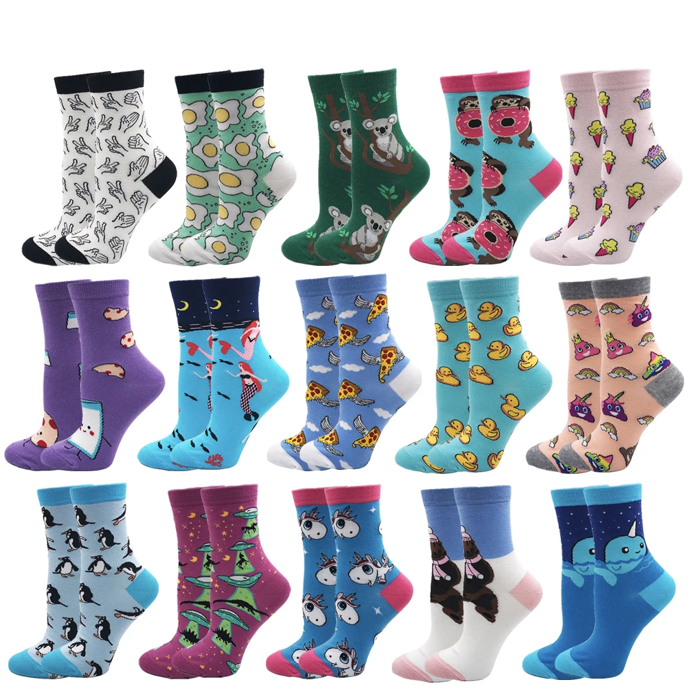 Новинка, женские носки Harajuku, 85% хлопок, милый сумасшедший, счастливый, розовый, милый, забавный, новинка, Kawaii, кот, инопланетянин, единорог, для девочек