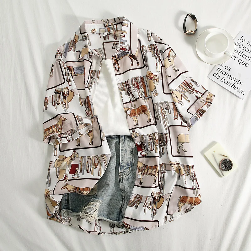 Retro Short Sleeve Women Blouses Work Office Shirts Casual Tops Ladies House Print Oversized Shirt Summer Women Fashion Clothing