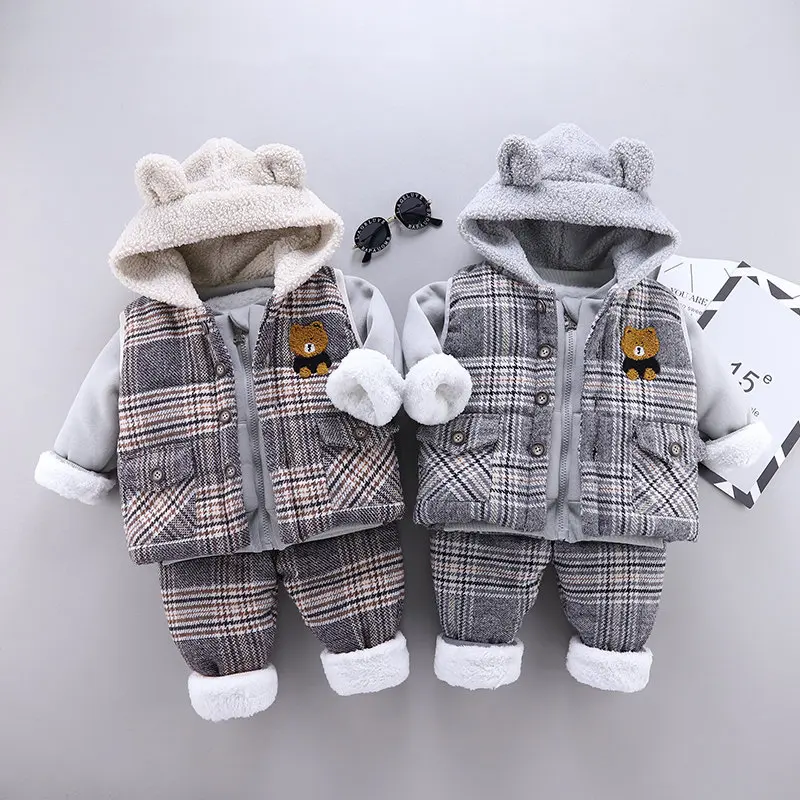 

Toddler Winter Children Thicken Cotton Clothes Kids Boy Girls Cartoon Add Velvet Warm Vest Coats Pants 3Pcs/sets Infant Kids Top