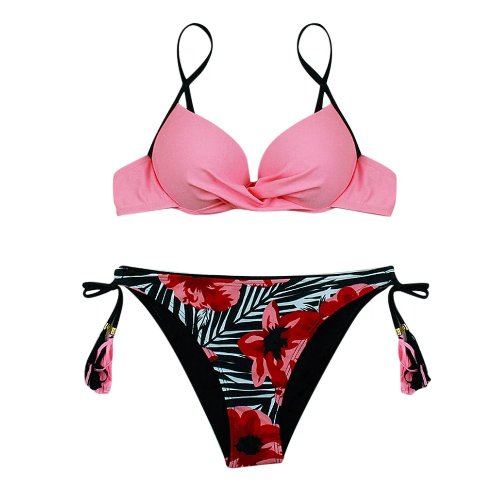 Pink Топ, эластичное сексуальное женское нижнее белье, Комплект трусов, модный пуш-ап Мягкий купальник, цветочный полосатый однотонный комплект с бюстгальтером - Цвет: Pink