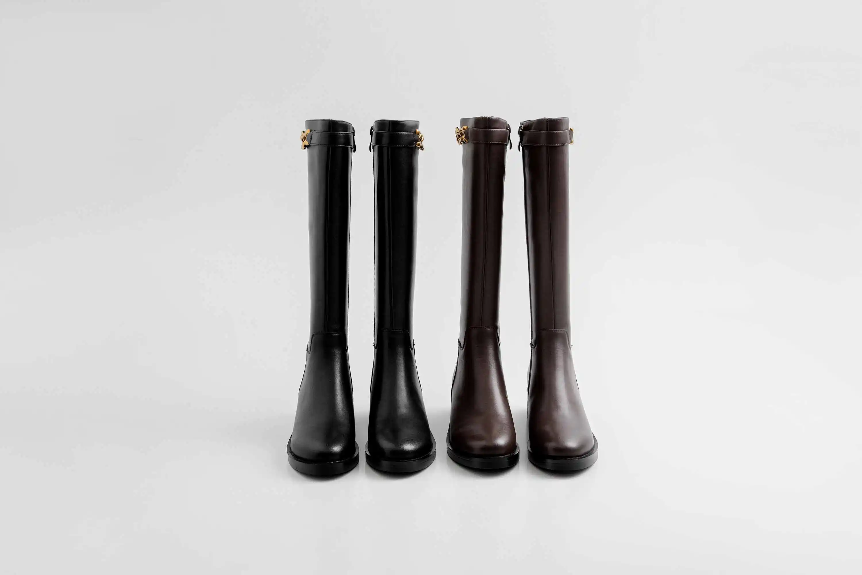 Brand riding boots women's motorcycle boots genuine leather metal chains med-heels gorgeous knee high boots women knight boots
