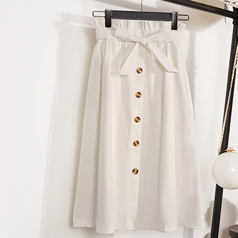 

Spring Summer Women Skirts Korean Elegant Button High Waist Skirt Casual Bow Tie Pleated Sun School Skirt