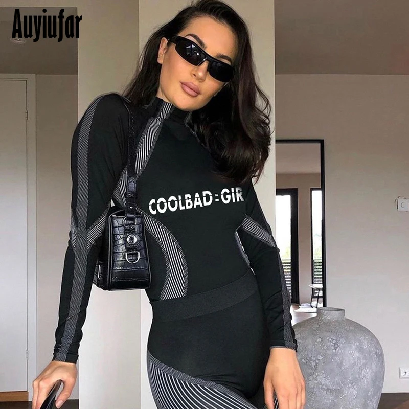 

Auyiufar Women Striped Patchwork Sexy Skinny Bodysuit Long Sleeve Letter Casual Turtleneck Slim Rompers Autumn Fashion Palysuits
