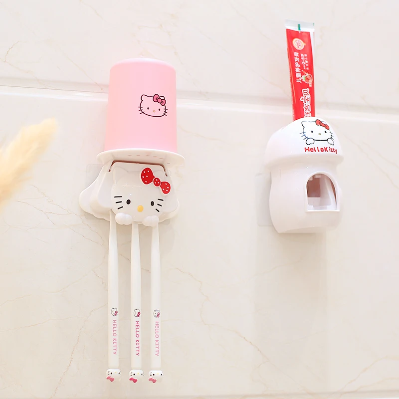 Hello kitty милый набор зубных щеток для полоскания рта Бесплатный удар зубная паста соковыжималка настенная Полка Ванная комната Детский держатель чашки для зубной щетки