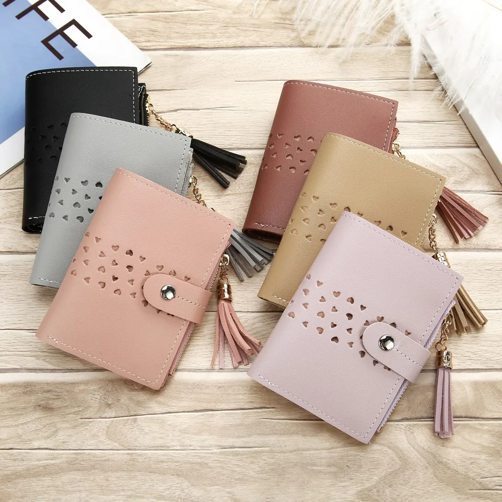 

Fashion Women Wallets Tassel Hasp Short Wallet Handbags Hollow Samll Coin Purse Cards ID Cards Holder Money Bag Clutch Wallet