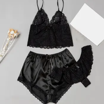 

2020 summer women's casual suit pajamas three-piece sexy fashion lace home service camisole shorts suit hot sale