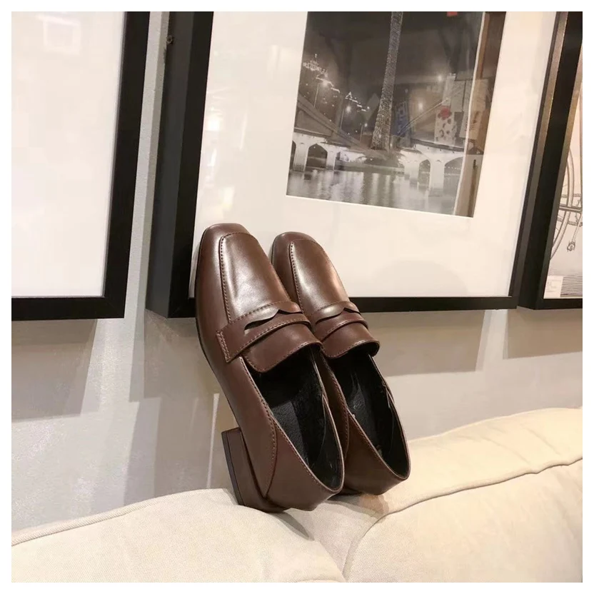 Brown Flats Casual Shoes Women Oxford Shoes Slip On Vintage British Style Oxford Shoes Thick Heel New Autumn Footwear zapatos de mujer - Цвет: Brown