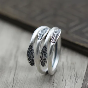 

S990 Sterling Silver Jewelry Personalized Leaves wide-width Ladies Refers Thai Silver Retro Simple Aesthetic Ring