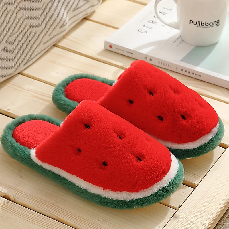 

Women's Slippers for Home Keep Warm Fur Slippers Bedroom Winter Slippers Cute Watermelon Girls Shoes Soft Indoor Slippers