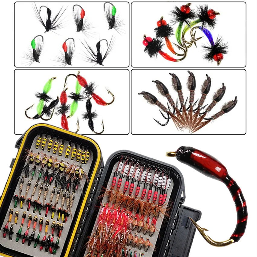 24-117Pcs/Box Fly Fishing Flies Kit with Box Dry Wet Flies Maggot