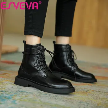 

ESVEVA 2021 Ankle Boots Women Boots Autumn Winter PU+Leather Women Shoes Round Toe Square Low Heel Lace Up Boots Size 35-39
