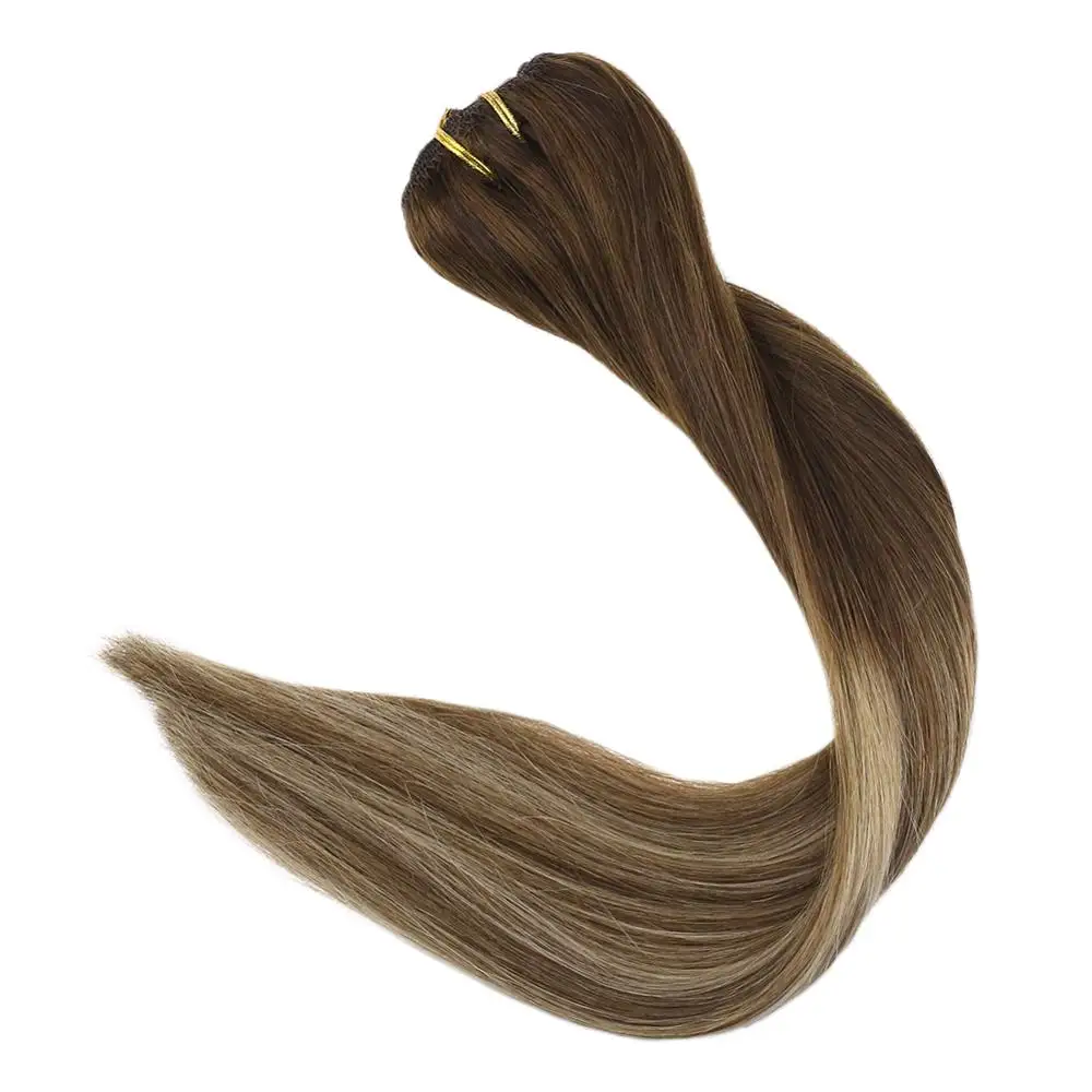 

Full Shine 9Pcs Double Weft Clip In Hair Extensions 120g Remy Human Hair Extension Highlight Color #3t14p6 Blonde Clip in Hair