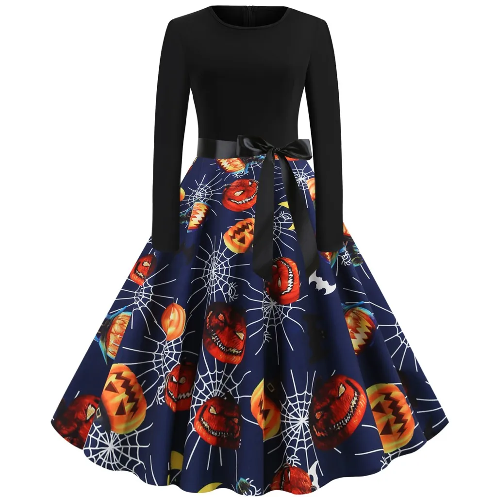 Halloween Women Maxi Dresses Woman Party Night Casual Elegent Pumpkin Print Vintage Dress O-Neck Zipper Bow Modis Party Dress #B